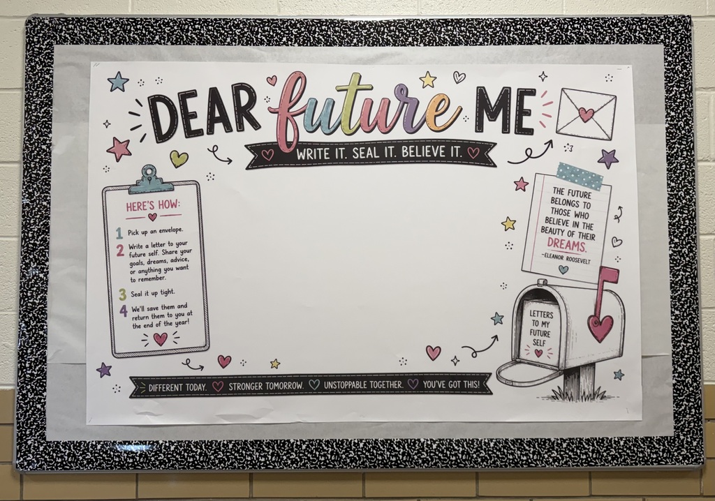 Whiteboard with "Dear future me" in pink and purple letters, an envelope, and a mailbox. Below the envelope, text reads "Write it, seal it, believe it."