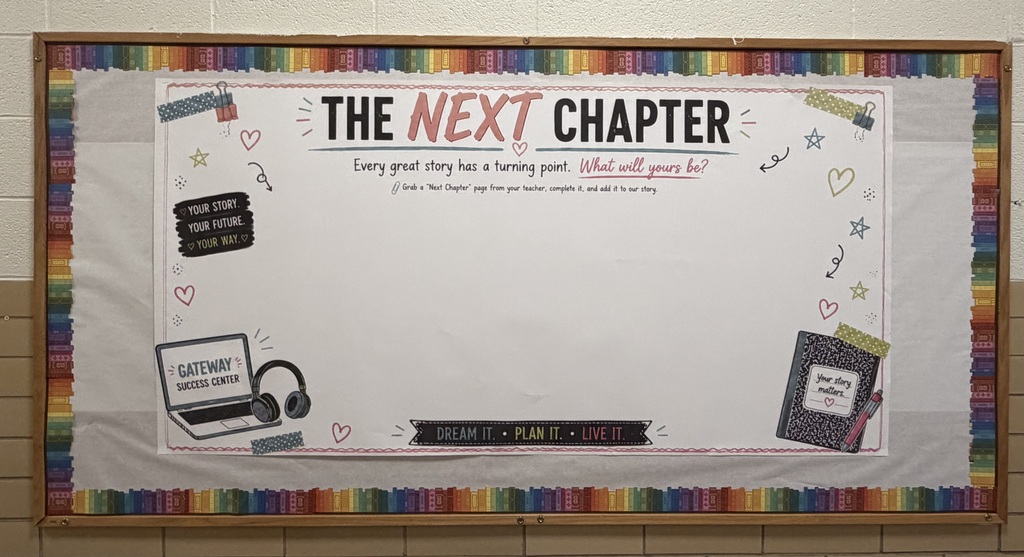 A bulletin board with a white background displays the text "The Next Chapter" surrounded by colorful borders.
