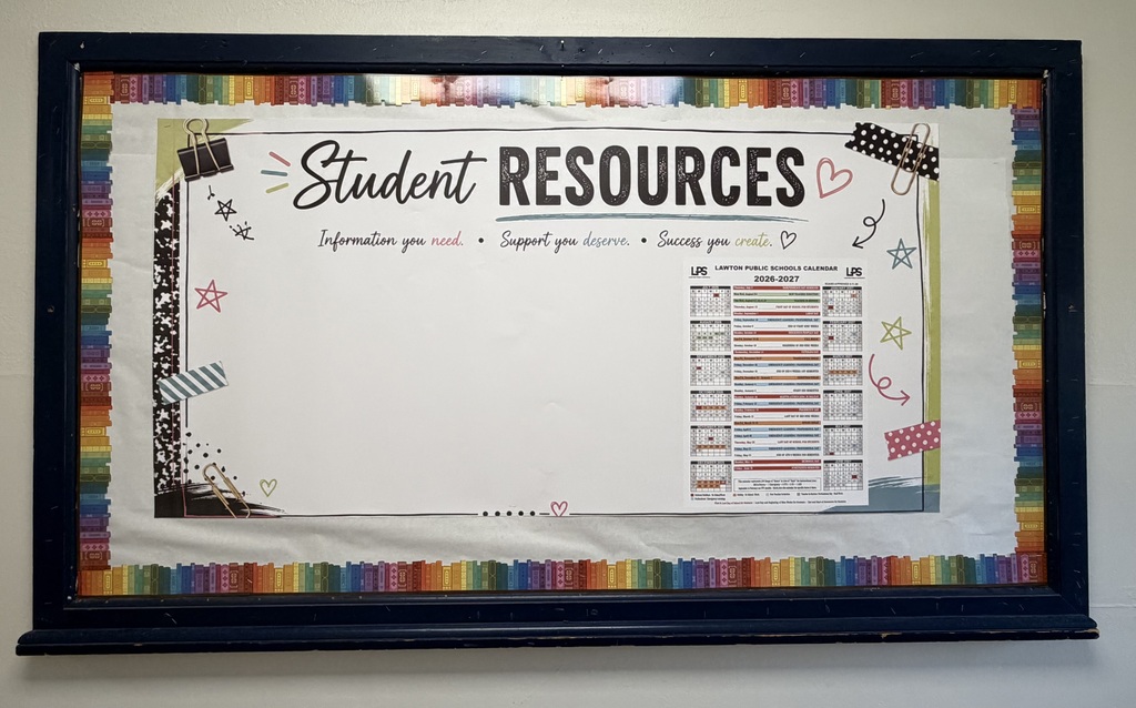 A framed bulletin board with a white background. "Student Resources" is in large letters at the top. Below it, a colorful design.