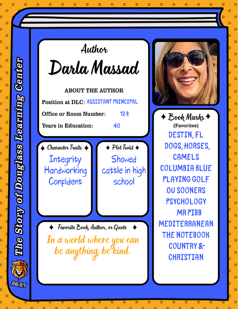 A book cover displays the author's photo, name, and information. Darla Massad is shown wearing sunglasses. Details include position, years of education, favorite book quotes, and book marks.