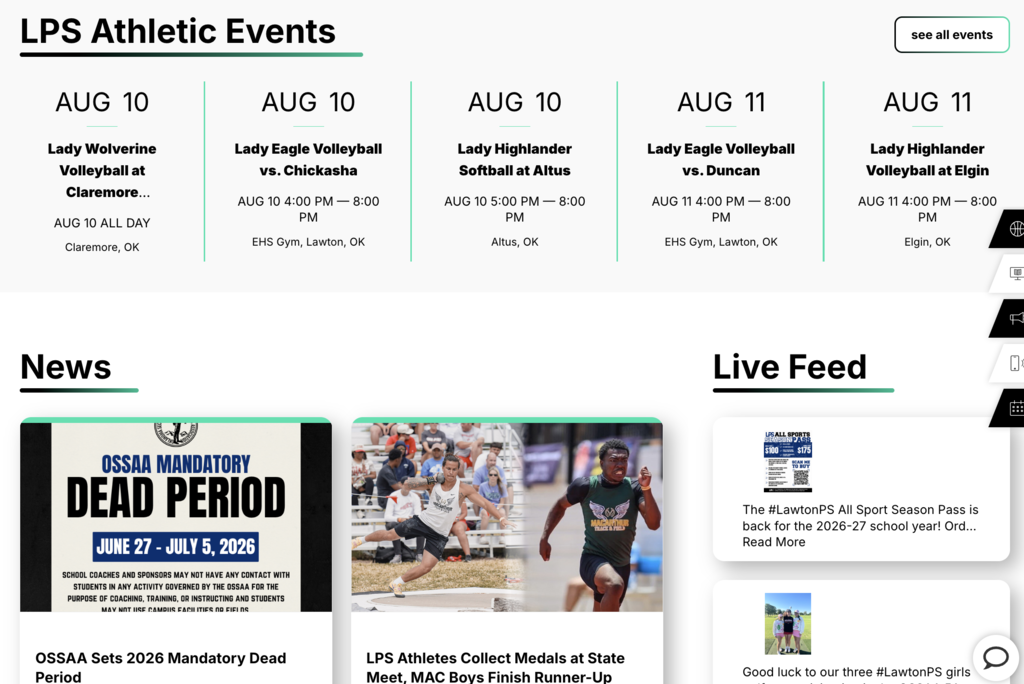A webpage with three sections: "LPS Athletic Events," "News," and "Live Feed," showing event details and a photo of athletes running.
