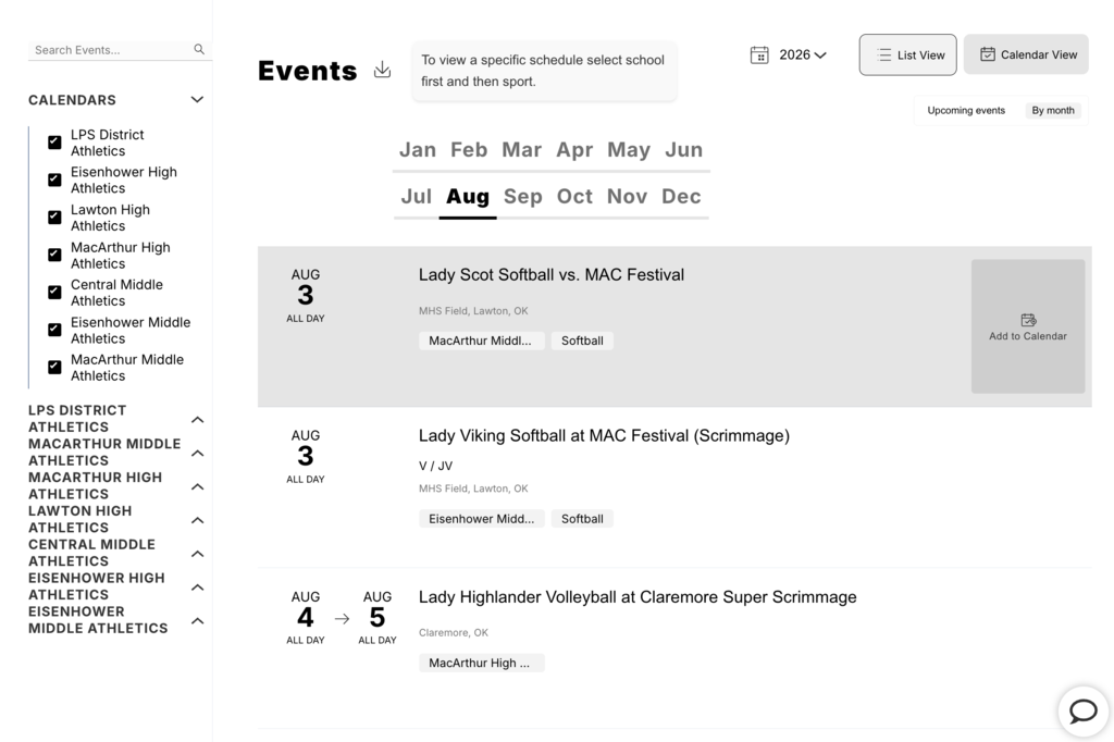 A calendar page shows sports events for June, July, and August, with dates and times for each.