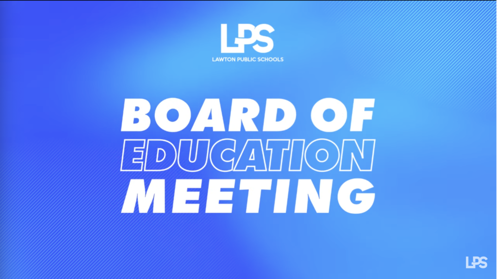 Blue background with white text stating "BOARD OF EDUCATION MEETING" and a logo at the top.