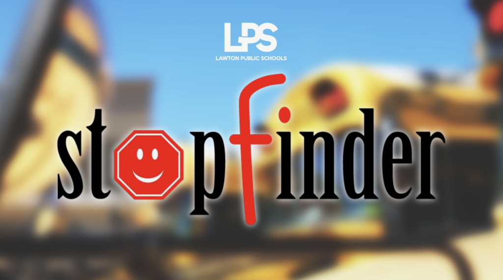 Text "stop finder" in bold, black font with a red stop sign and yellow school bus in the background.