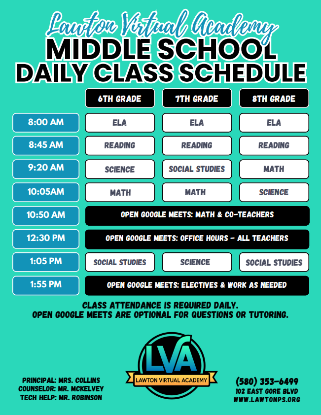 A schedule for Laverton Virtual Academy Middle School displays class timings for 4th, 7th, and 8th grades, including subjects and meeting times.