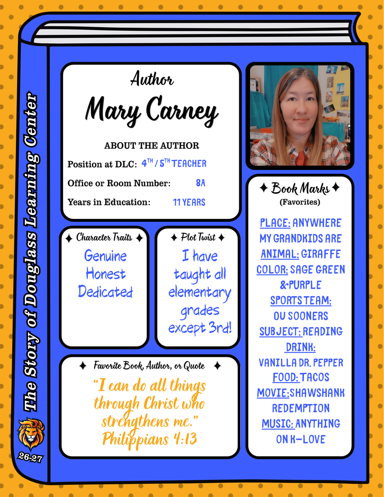 Blue and yellow page displays an author profile with photo. Mary Carney, teacher, 11 years experience. Features character traits and favorite quotes.