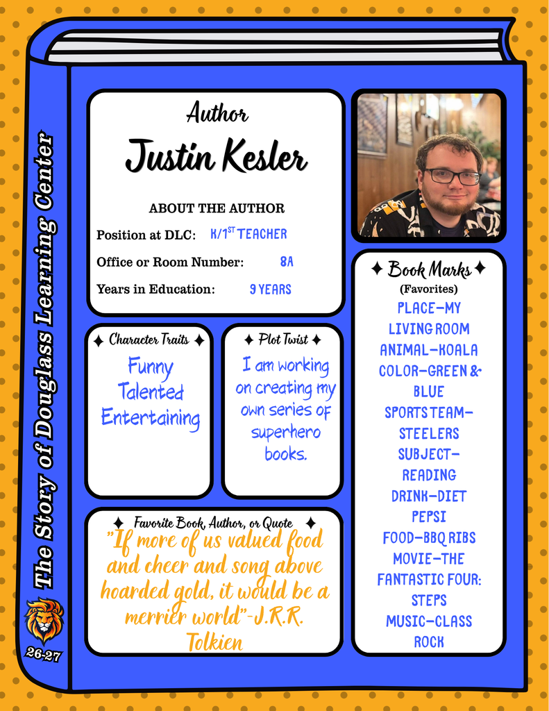 Blue and yellow page with text. A photo of a man with glasses. Text reads "Justin Kesler" and "Author".