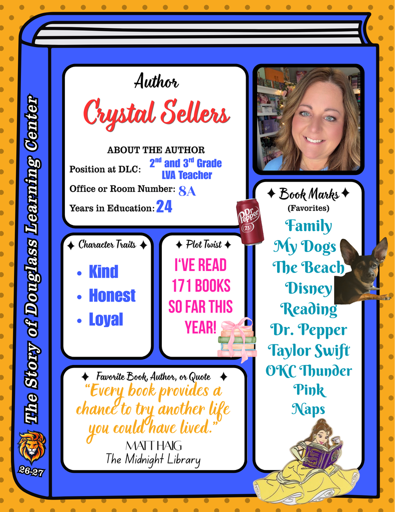 A profile of a female teacher, Crystal Sellers, featuring a photo, teaching years, character traits, favorite books, and a quote from The Midnight Library.