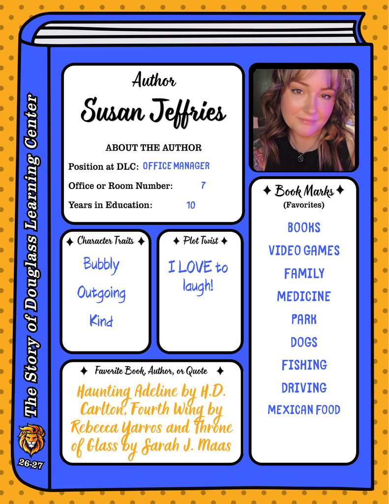 A colorful book page displays an author's profile. It reads "Author Susan Jeffries." Character traits include "bubbly, outgoing, kind." Favorite authors include H.D. Carlton, Rebecca Yarros, and Sarah J. Maas.