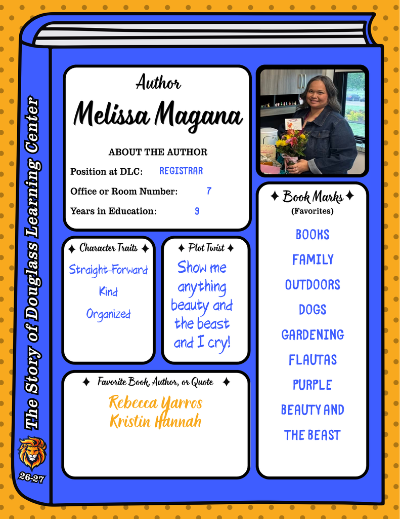 A blue-bordered page with a person's photo and a blue background. Text includes "Author Melissa Maga" and "About the Author" with bullet points for character traits and favorite book authors.