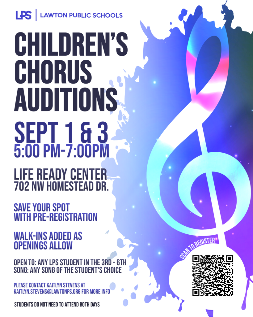An event poster for Children's Chorus Auditions on Sept 1 & 3. Details include time, location, and registration info.