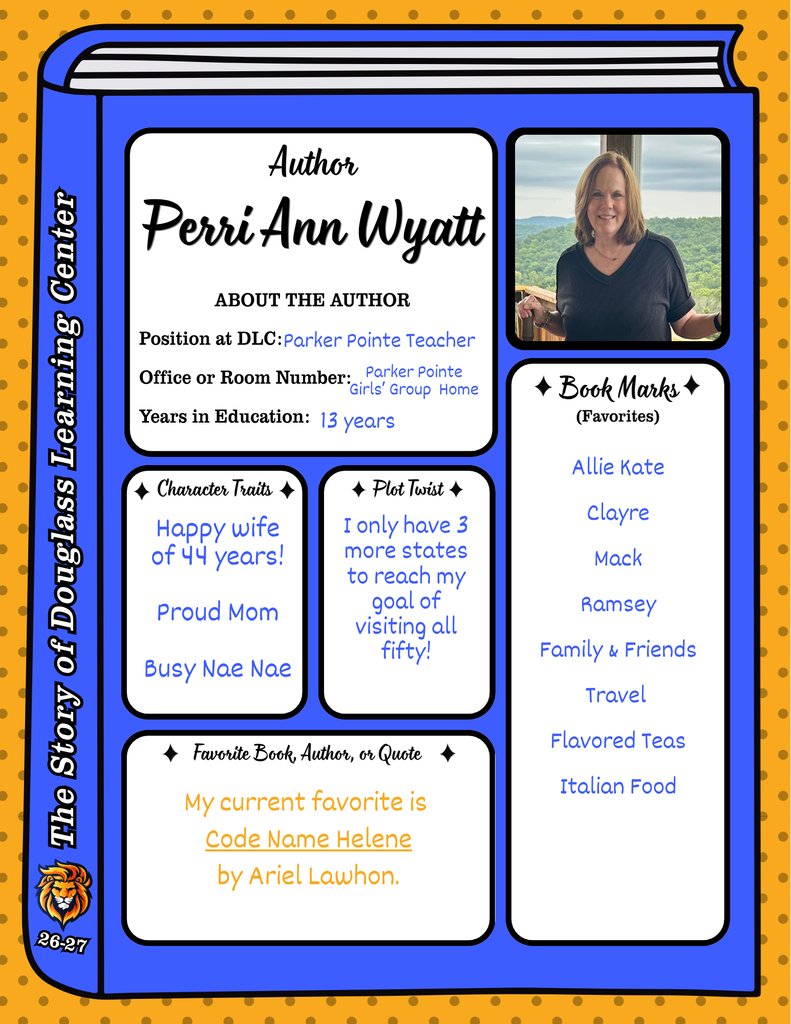 An open book with a blue cover featuring an author profile. The author, Perri Ann Wyatt, has been teaching for 13 years. Her interests include books, travel, and family.