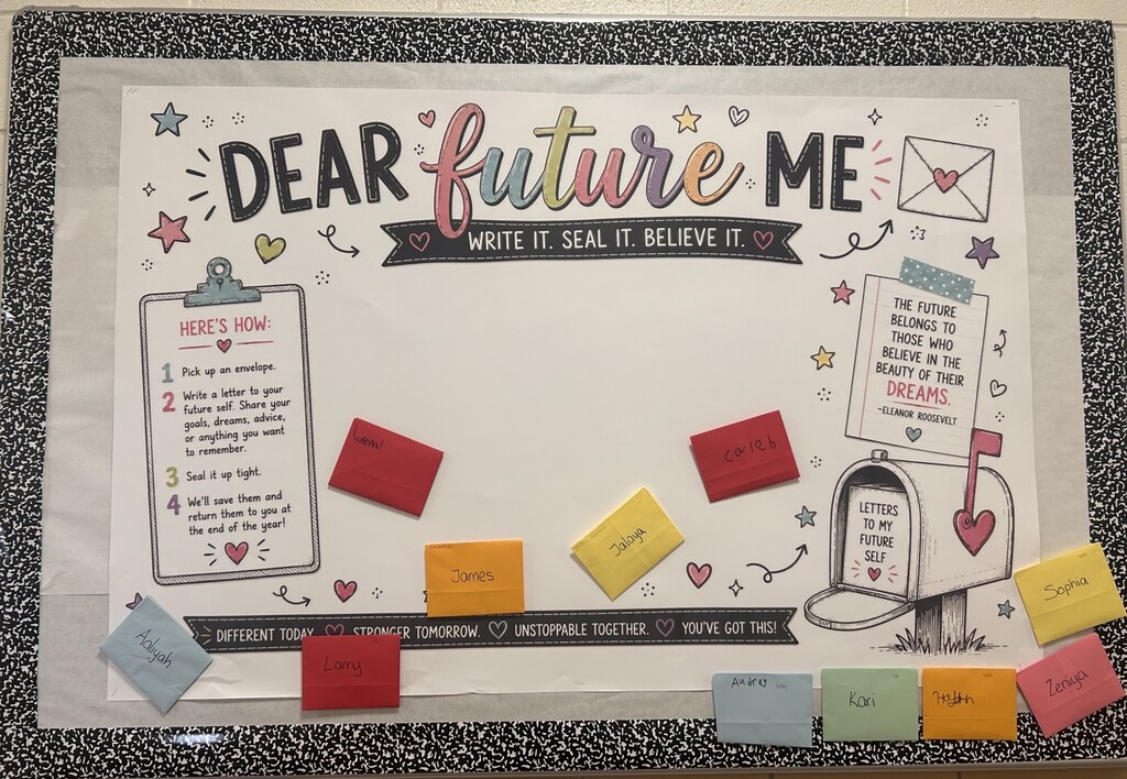 Bulletin board with "Dear Future Me" at top, various colorful sticky notes, and a mailbox.