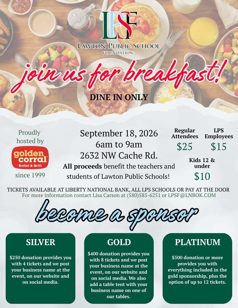 Breakfast event flyer with multiple food images, event details, and sponsorship options. Date is September 18, 2026.