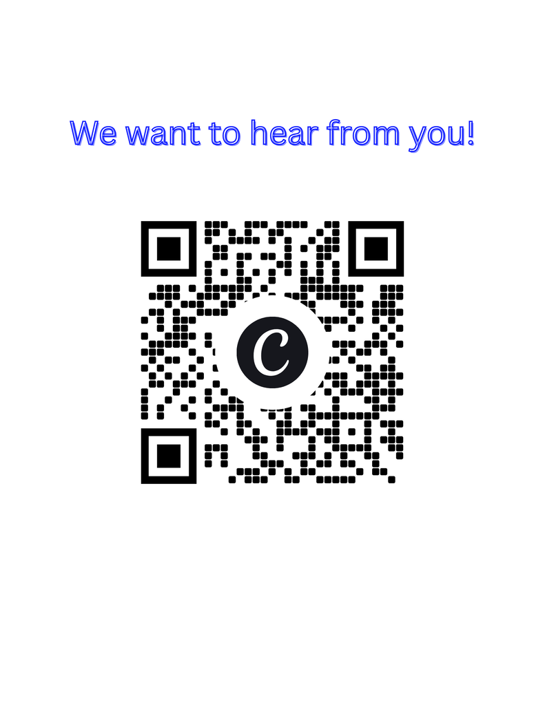 Black and white QR code with central logo; "We want to hear from you!" written in blue above it.