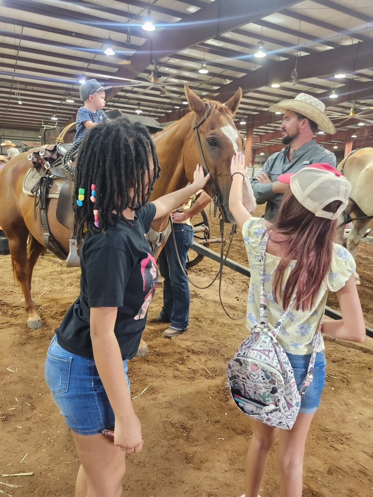 Two girls interact with a horse while a child rides. An adult holds the reins. Indoor arena with dirt floor.
