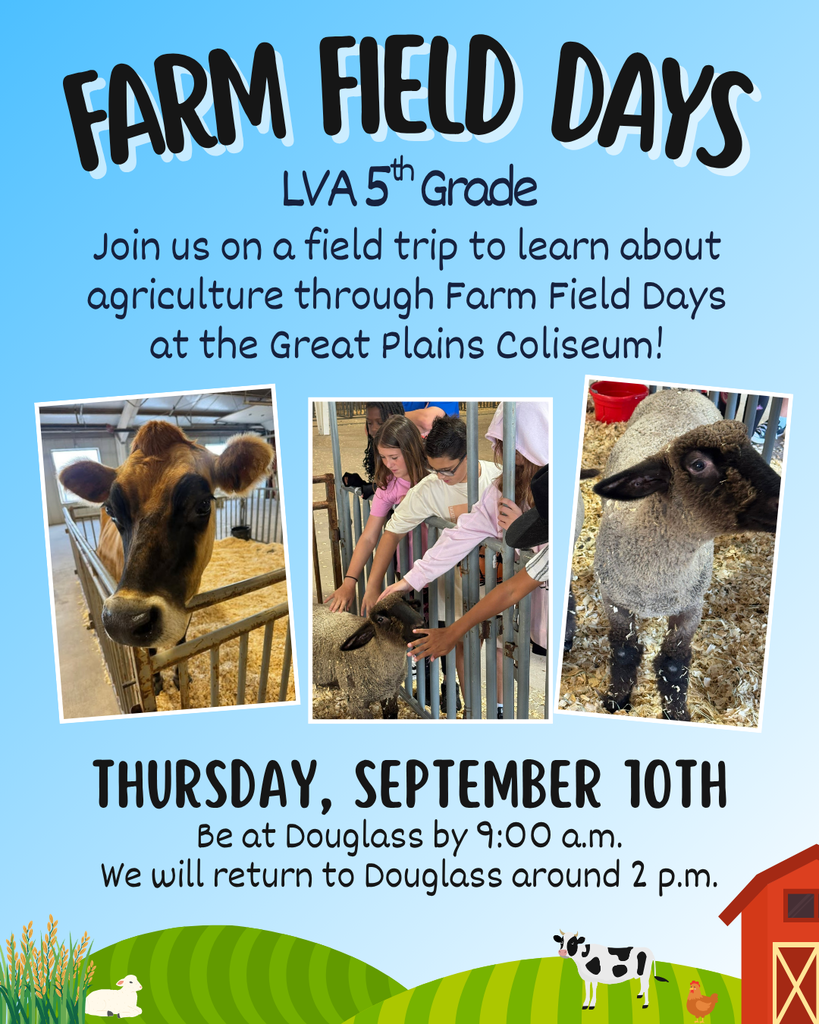 Advertisement for LVA 5th grade Farm Field Days. Three photos show a cow, children petting animals, and a sheep.