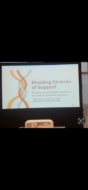 A presentation slide titled "Braiding Strands of Support" with text and graphics, displayed on a projector screen.