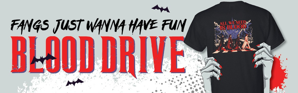 An advertisement for a horror-themed event. A black t-shirt with a graphic design of a castle and bats.