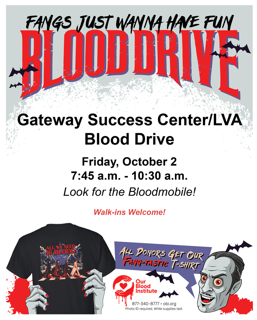 A poster promotes a blood drive with a horror theme. It includes a t-shirt graphic and a vampire.