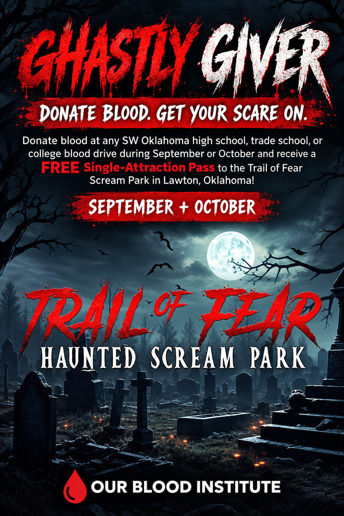 Poster for "Ghastly Giver" with a cemetery, moon, and tombstones. It reads "Donate Blood. Get Your Scare On."