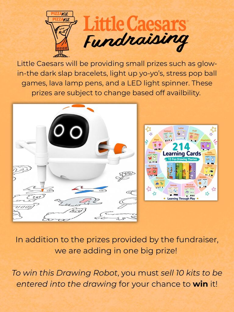 Advertisement for Little Caesars fundraiser featuring prizes like glow-in-the-dark bracelets and a drawing robot, with text explaining the prize details.