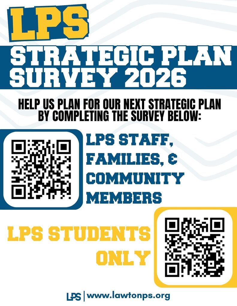 Flyer with "LPS Strategic Plan Survey 2026" heading. QR codes below for LPS staff, families, community members, and students.