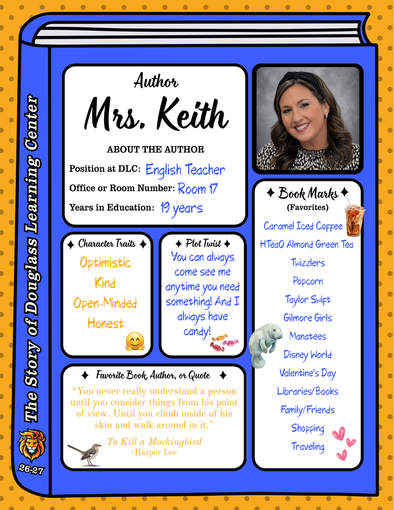 Information about a teacher displays a smiling photo of a woman. It includes character traits, book marks, and a quote.