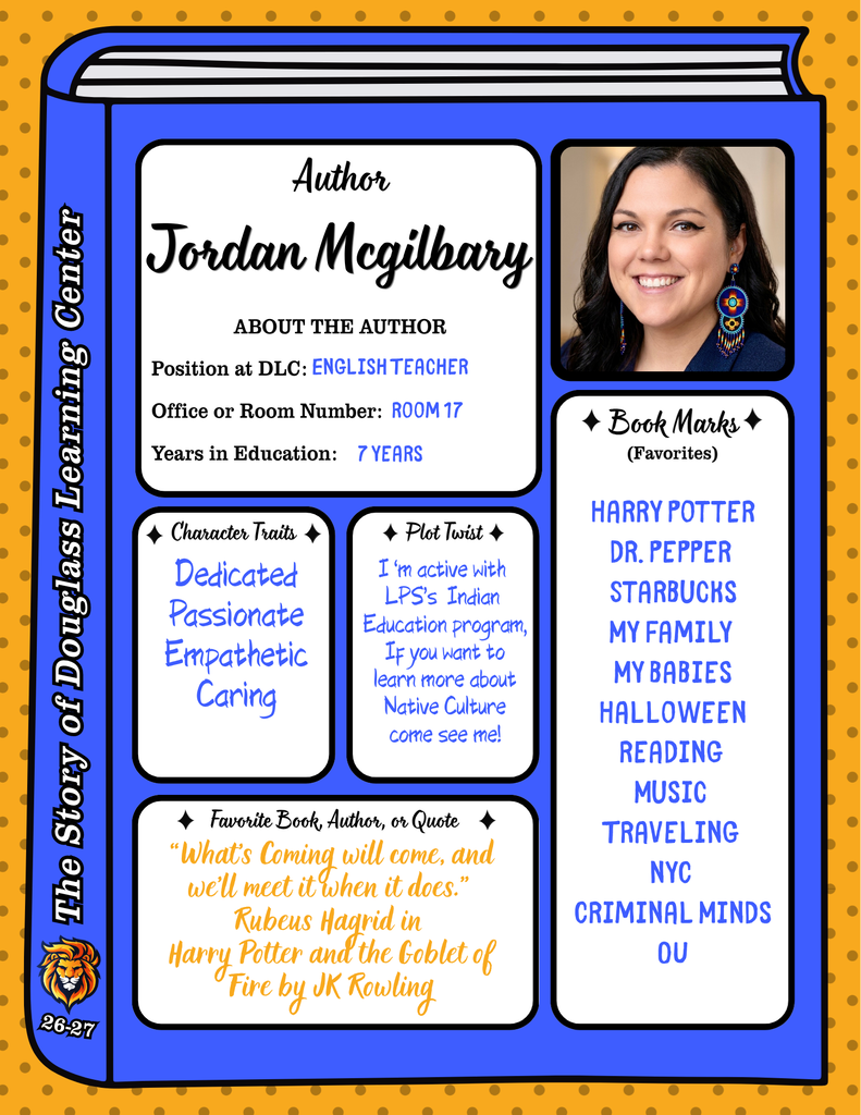 Blue and yellow border with text. A smiling woman in the top right. Text reads: Jordan Mcgilbary, English teacher, 7 years. Books: Harry Potter, Starbucks, family, etc.