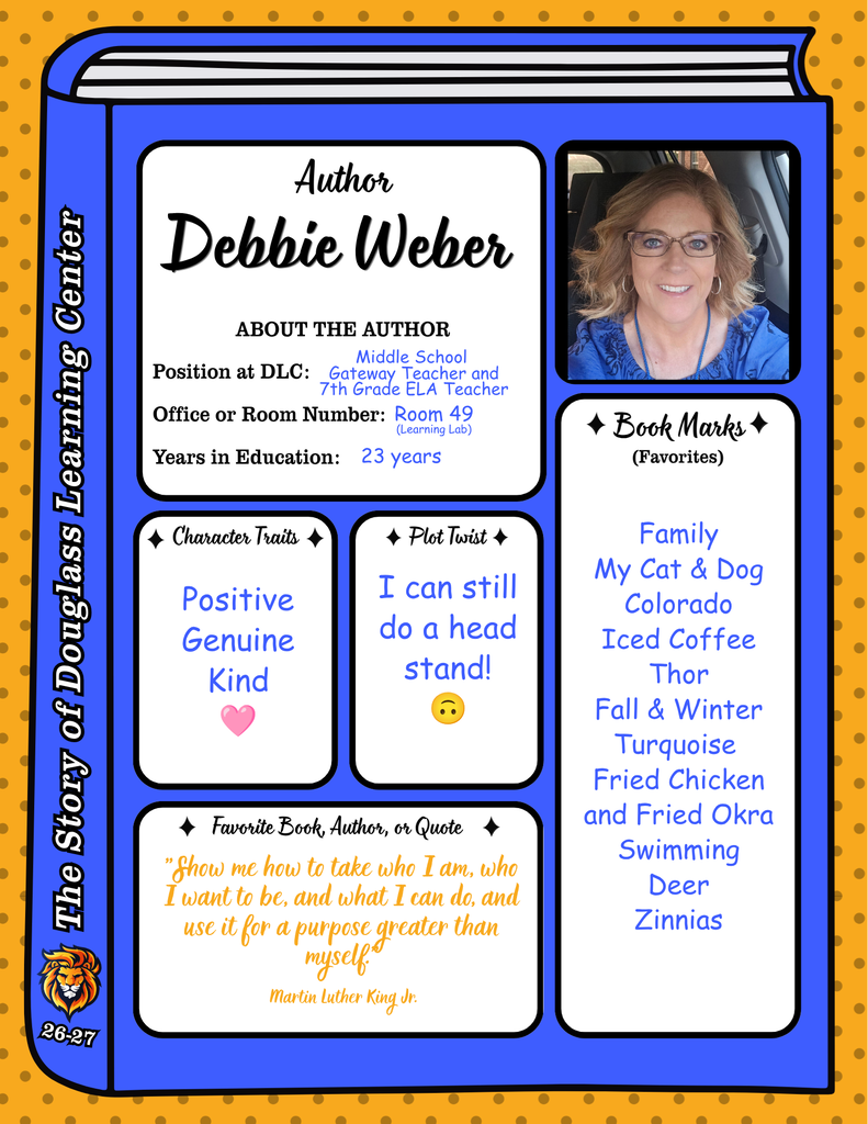 A colorful document with text. A woman's photo is on the right. The left has "Author Debbie Weber" and a description.