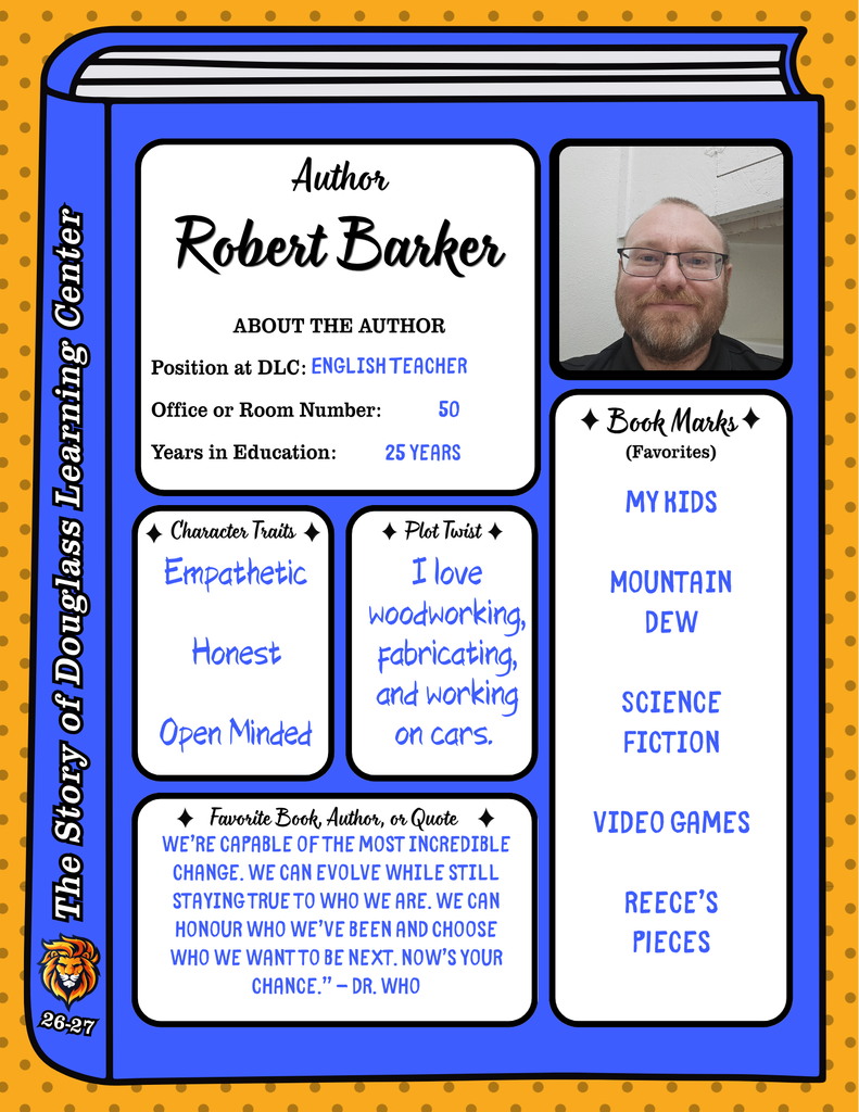 A book page displays an author's profile. It includes a picture of a man with a beard and glasses. The text reads: "Author Robert Barker."