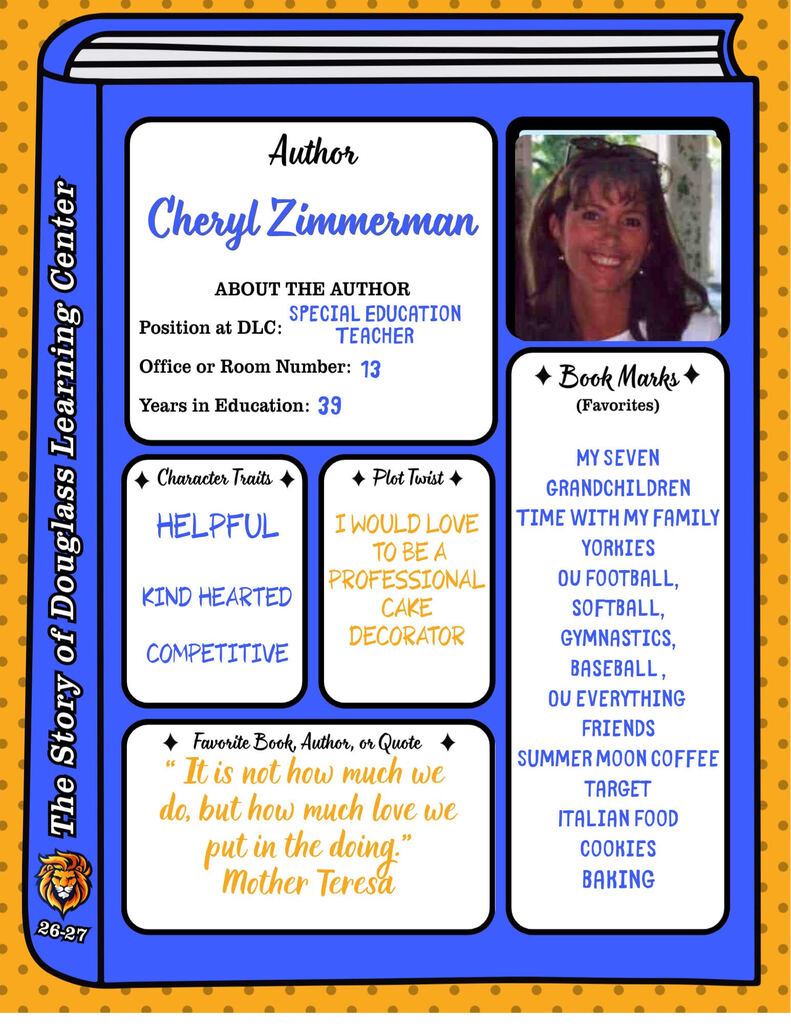 A blue book with a photo of a smiling woman. It says "Author Cheryl Zimmerman" and lists her years in education.