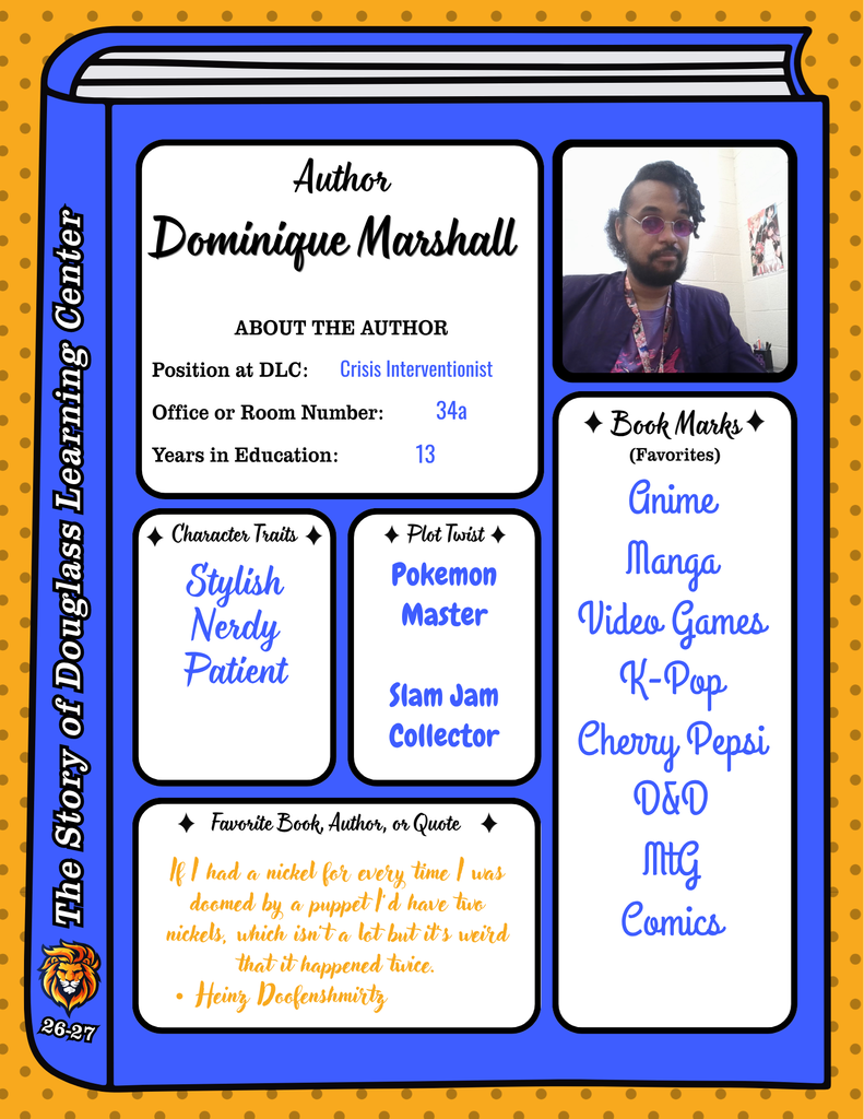 A blue background with white text. An image of a person in a blue suit. Text reads "Author Dominique Marshall" and "Book Marks."