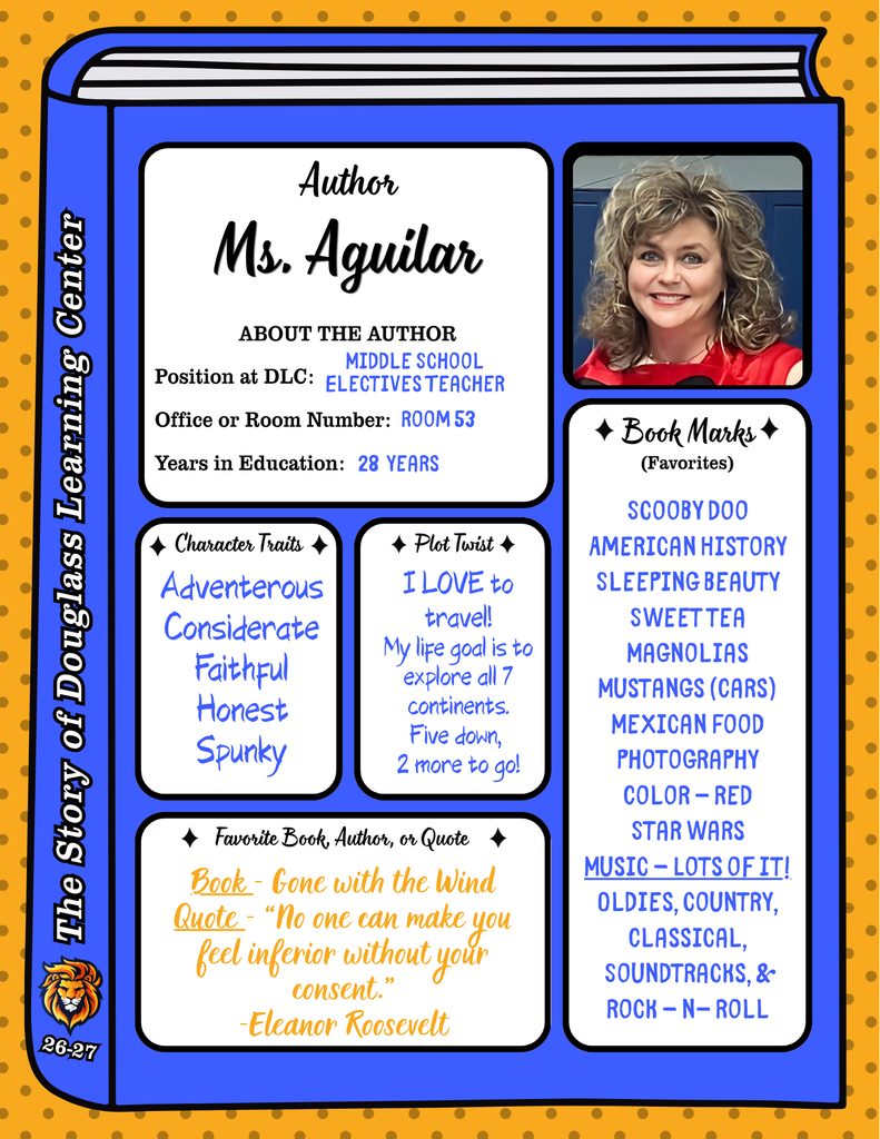 A colorful page displays an author profile with a photo of a woman. Details include name, role, years of education, and personal interests.