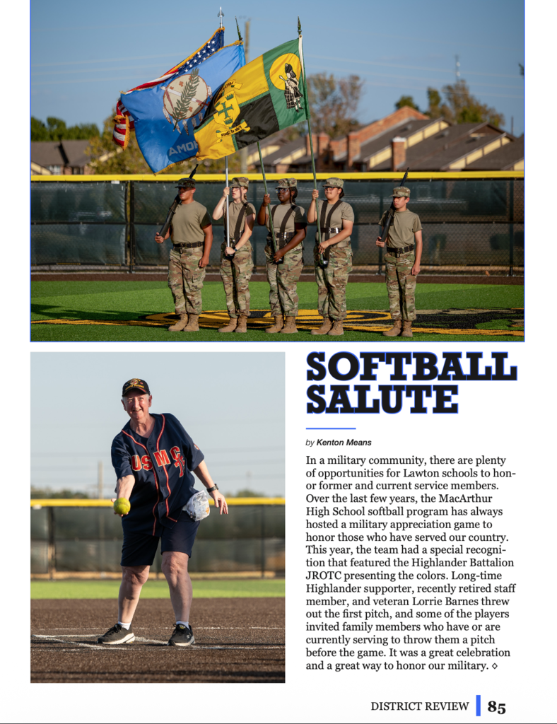 Military personnel hold flags on a field. A player in a baseball uniform holds a ball and glove. Text reads "Softball Salute".