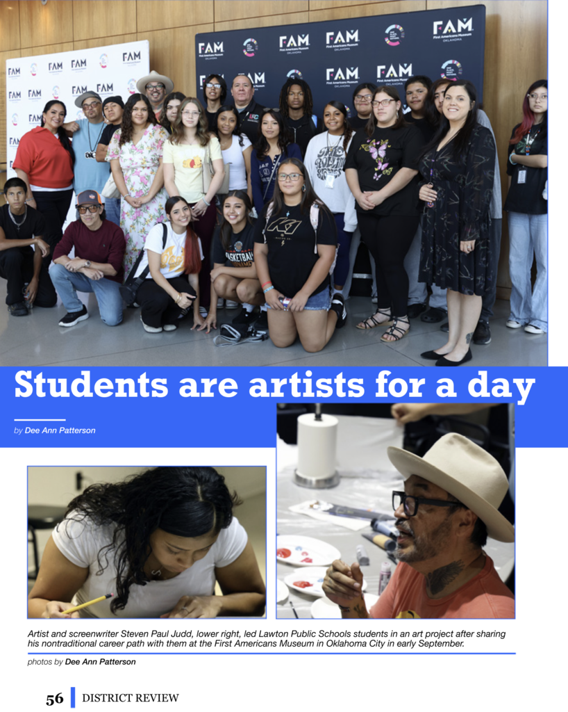 Group of students and teachers at an art event, some posing, others painting. Banner says "Students are artists for a day."