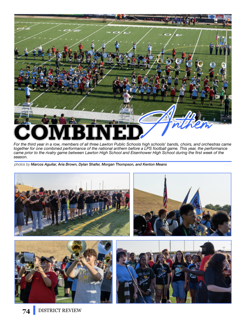 Four images of a high school band performance on a field. A headline reads "Combined Anthem" with a signature.