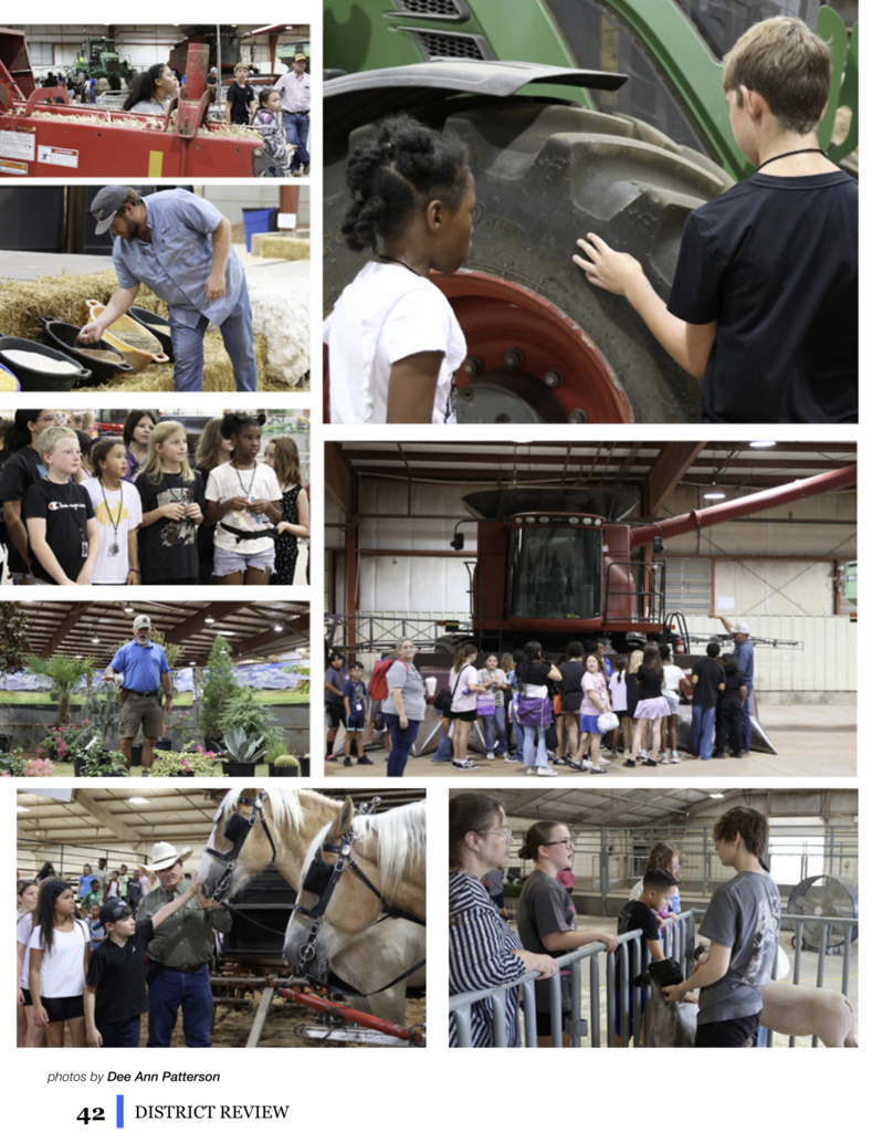 Collage of photos from an event with people around machinery and livestock. A man, woman, and children engage in activities.