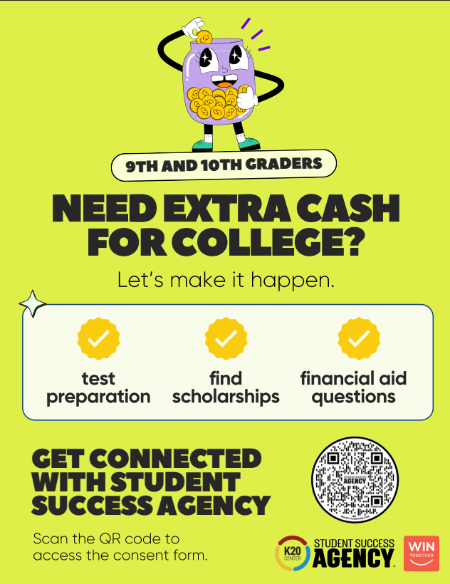 A poster with a yellow background offers services for college funding. It features a cartoon character, a list of services, and a QR code for consent.