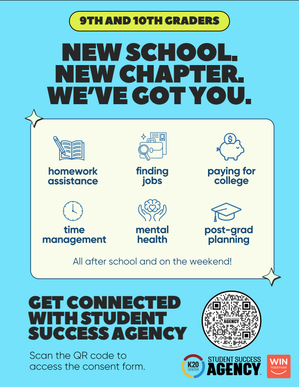 Blue poster for 9th and 10th graders with icons for homework, jobs, mental health, and post-grad planning.
