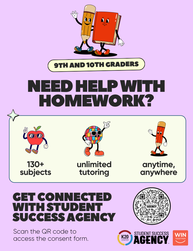 A poster with a purple background advertises tutoring for 9th and 10th graders. It includes icons of a pencil, book, apple, and globe, and text about homework help.