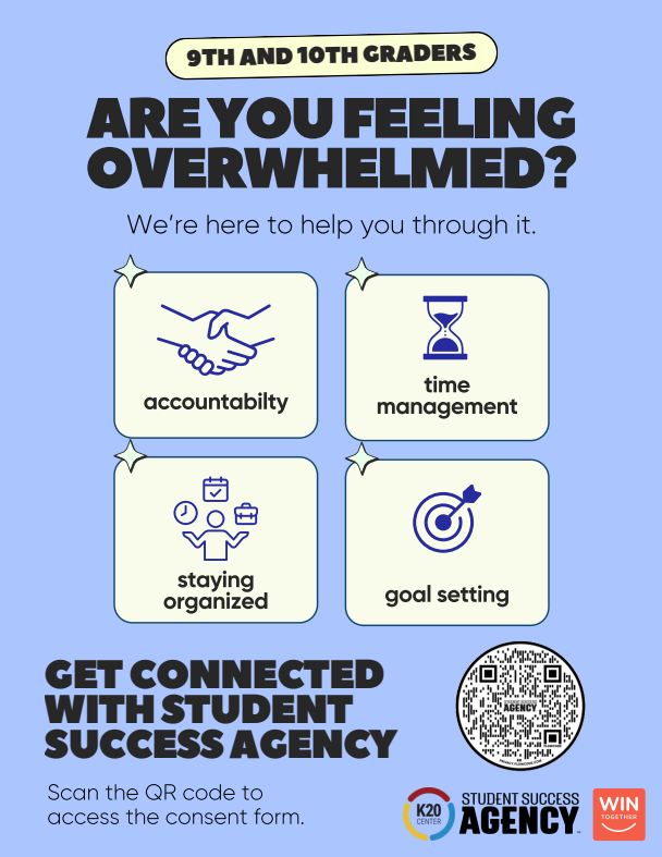 Blue background with white text asking "Are you feeling overwhelmed?" Four icons represent accountability, time management, staying organized, and goal setting. QR code below for consent form.