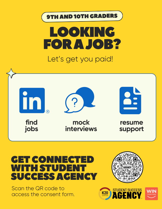 Poster with yellow background, offering help for 9th and 10th graders seeking jobs. It features icons for LinkedIn, mock interviews, and resume support.