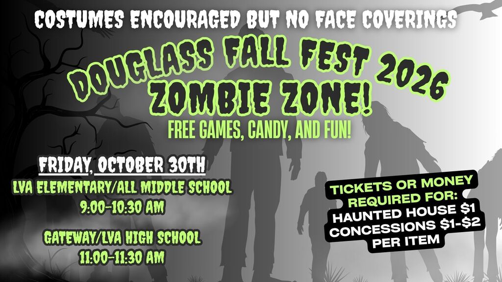 Douglass Fall Fest 2026 poster with Halloween theme. It says costumes encouraged but no face coverings.