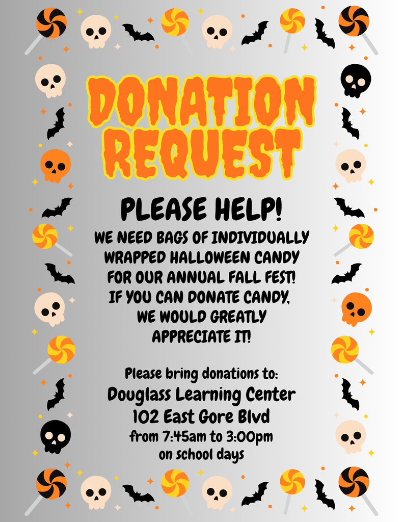 Poster with Halloween design. Text reads "Donation Request. Please Help! We need bags of individually wrapped Halloween candy..."