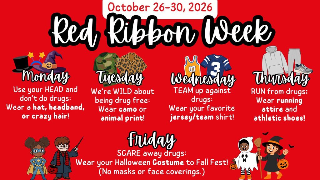Red poster for Red Ribbon Week. It lists days and themed dress-up options for each.