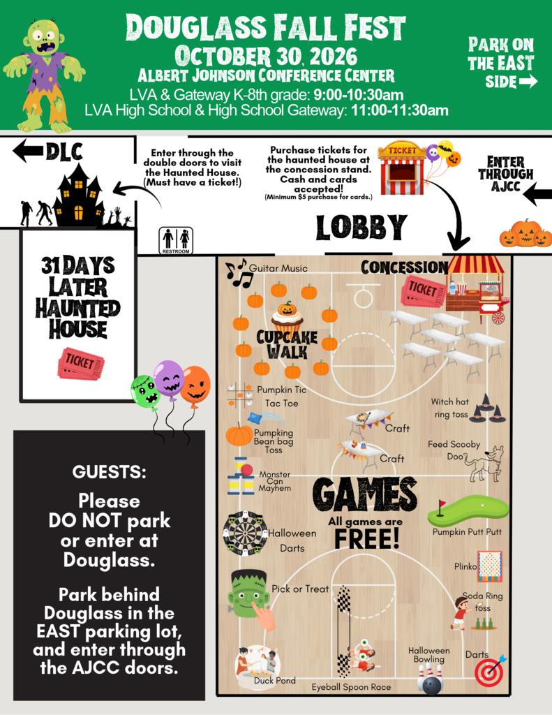 Event poster with a map of Douglass Fall Fest. Pumpkins and balloons decorate the top. Arrow points to "Games are free" at the bottom.