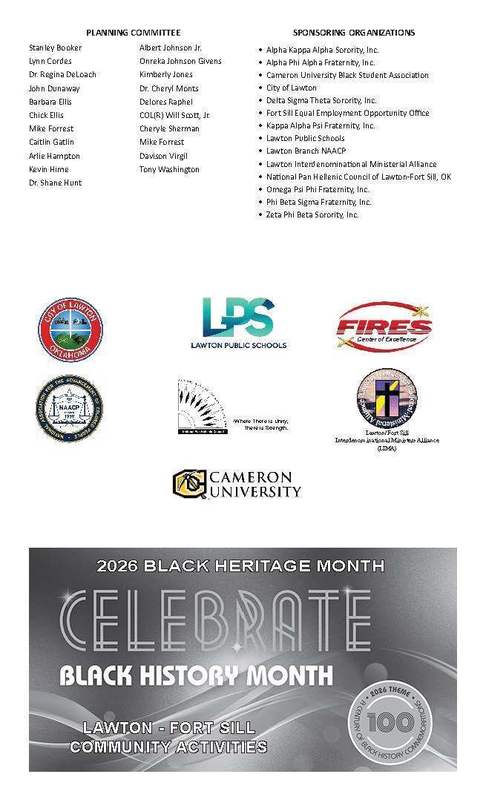 Document with "2026 Black Heritage Month Celebrate Black History Month" in large text. Logos for LPS, Fires, Cameron University, and others.