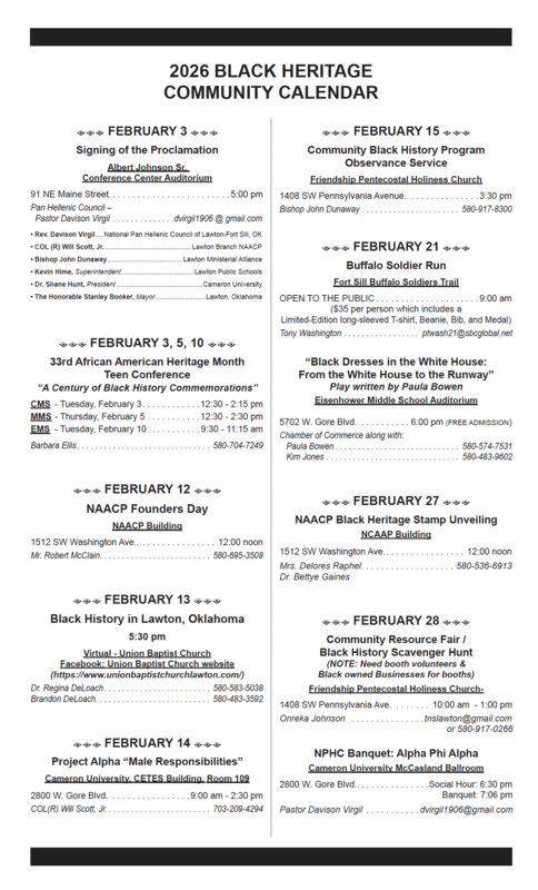 A page with a header "2026 Black Heritage Community Calendar" lists events from February 3 to 28.