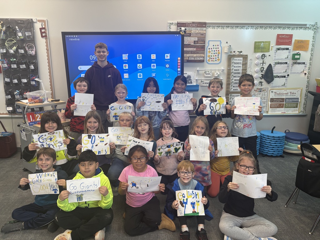 Ms. Eischens/Mrs. Kaderlik’s second graders wish our favorite giant #19 - Liam the best of luck and a giant win, as they enter the next round of playoffs on Saturday!  Go Giants!  